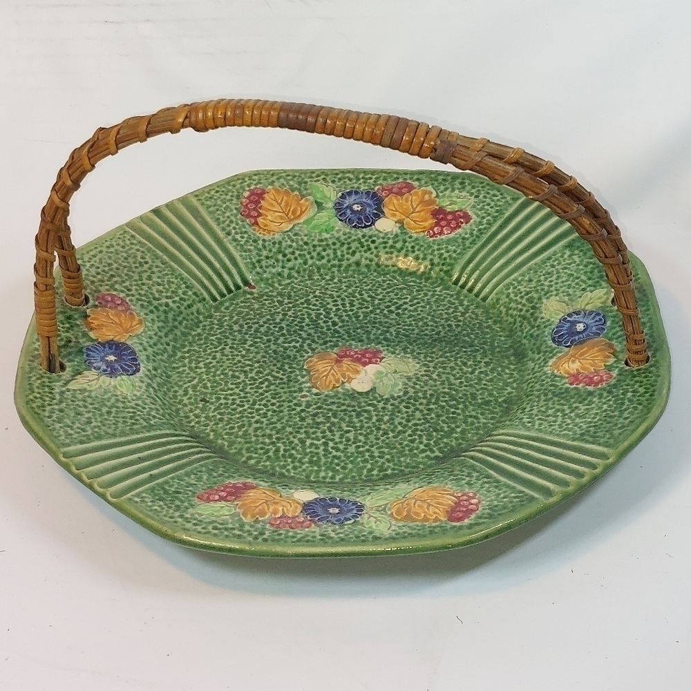 Vintage Rattan Handled Ceramic Plate Green and Fall Leaf Pattern Made In Japan